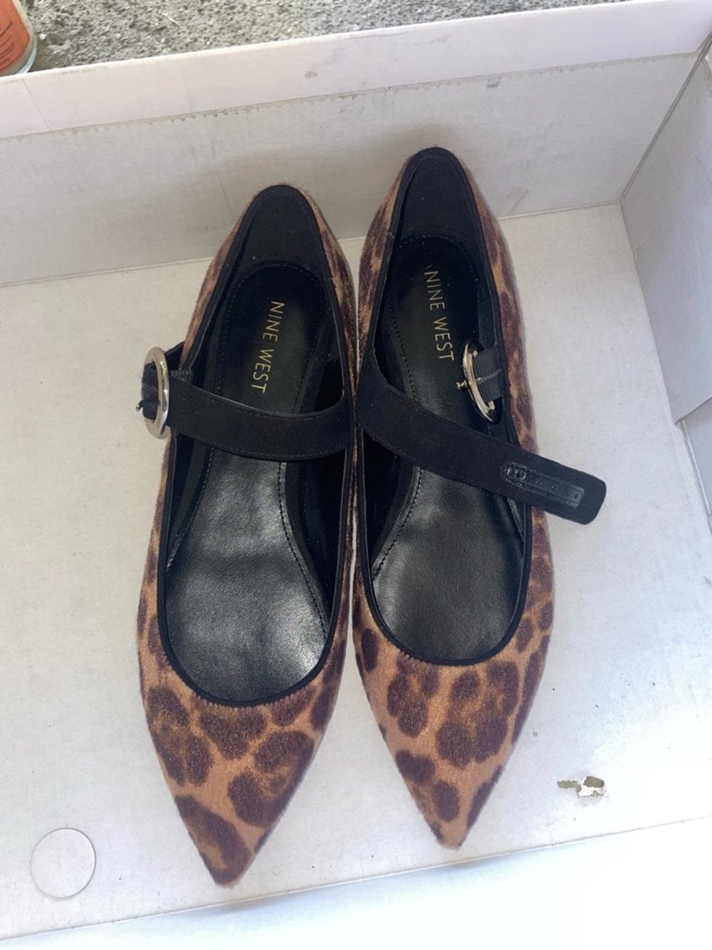 Nine West Leopard Print Pointed Mary Jane Flats with Black Strap